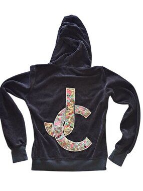 Y2K Juicy Couture Black Velour Hoodie Sunflower Embroidered Logo Womens Size XS